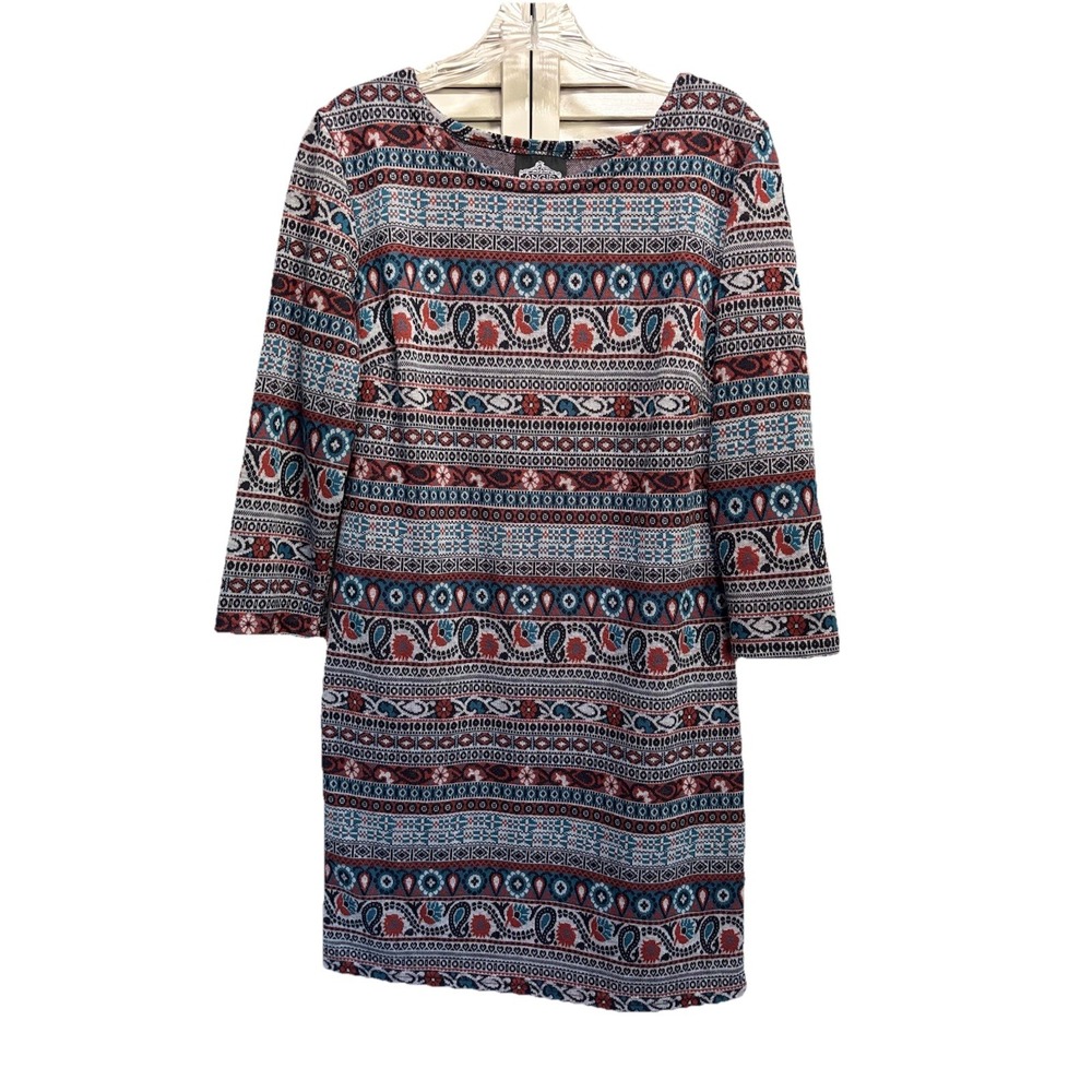 Angie Black/Rust/Teal Paisley Sweater Dress 3/4 Sleeve Size Medium Round